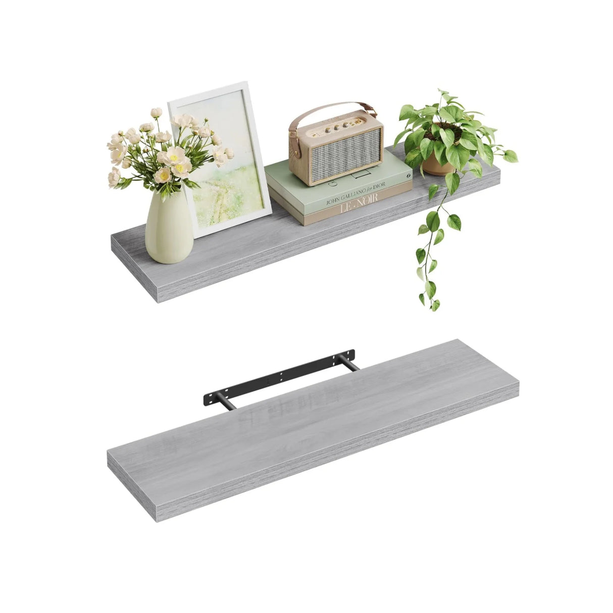 Moderne BukkitBow zwevende wandplank met verborgen bevestiging en houtlook, geschikt voor moderne interieurdecoratie.