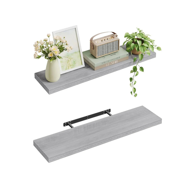 Moderne BukkitBow zwevende wandplank met verborgen bevestiging en houtlook, geschikt voor moderne interieurdecoratie.