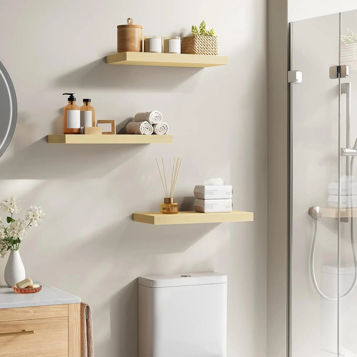 Moderne BukkitBow zwevende wandplank met verborgen bevestiging en houtlook, ideale wanddecoratie en opbergruimte.