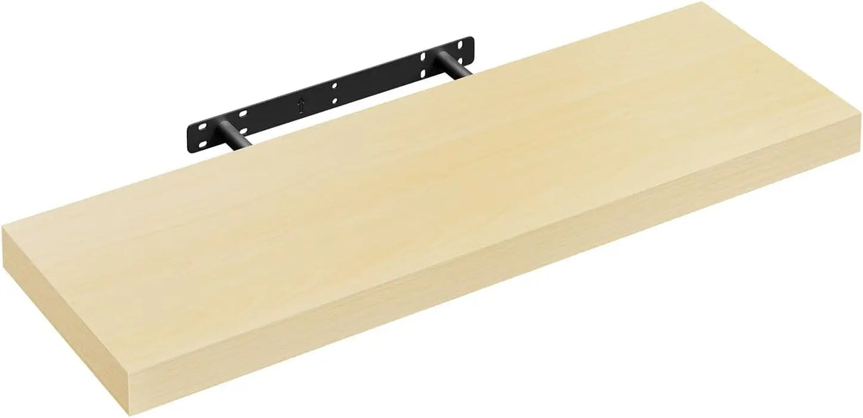 Moderne BukkitBow zwevende wandplank met verborgen bevestiging en houtlook, geschikt voor stijlvolle interieurdecoratie.