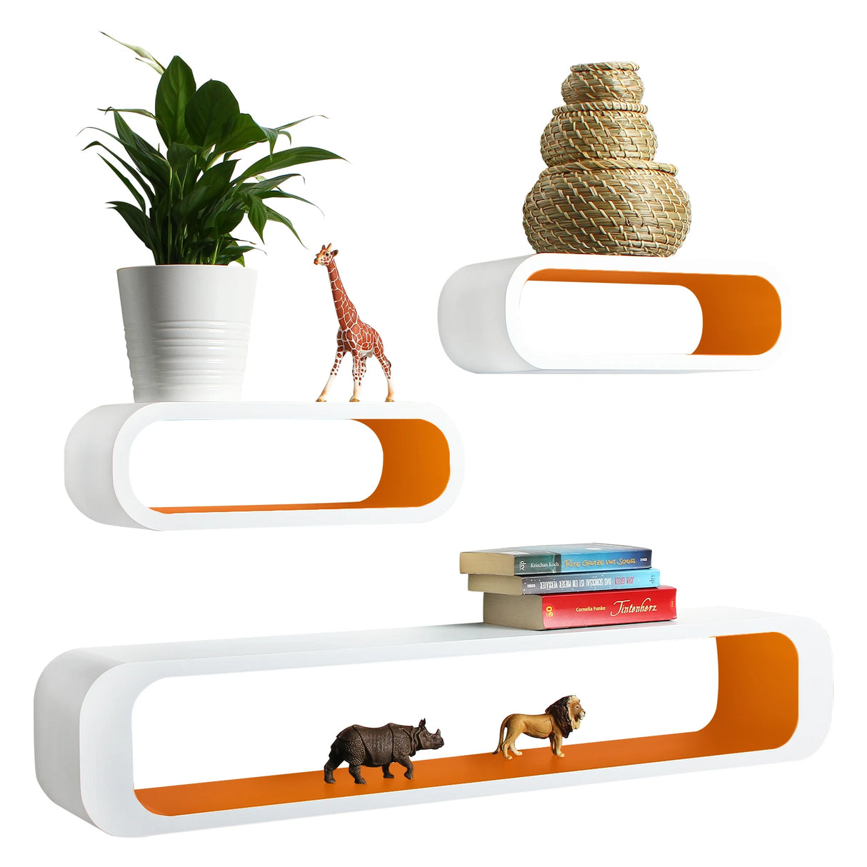Moderne BukkitBow zwevende wandplankenset met 3 planken, strakke design en natuurlijke houtafwerking voor een stijlvolle muurdecoratie