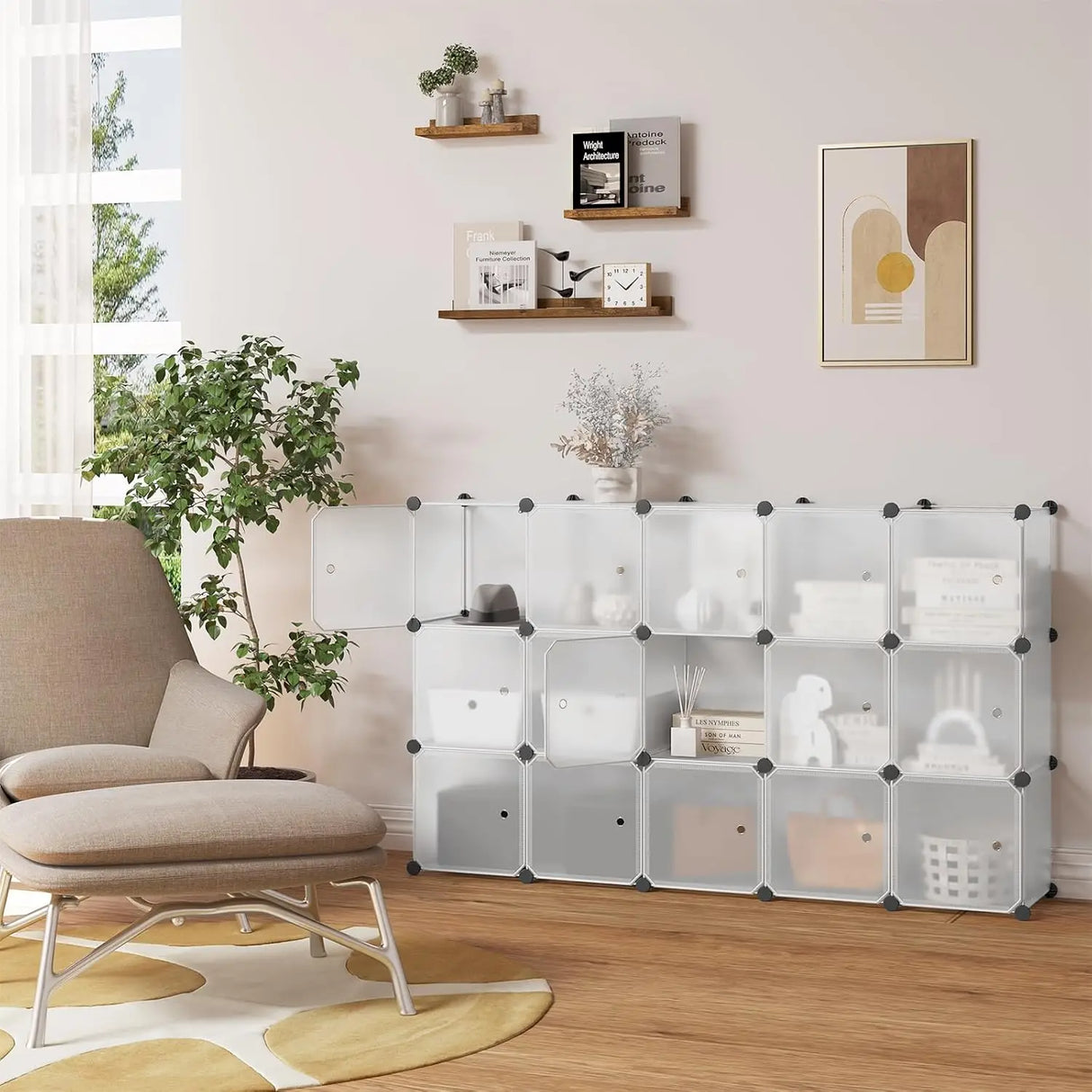 BukkitBow modulair opbergrek met 15 cubes en magnetische deuren, stevig en veelzijdig opbergsysteem in zwart en grijs.