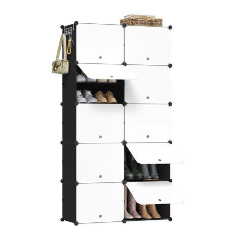 Modulair schoenenrek van BukkitBow met 10 vakken in wit en zwart, geschikt voor 40 paar schoenen, ideaal voor ordening.