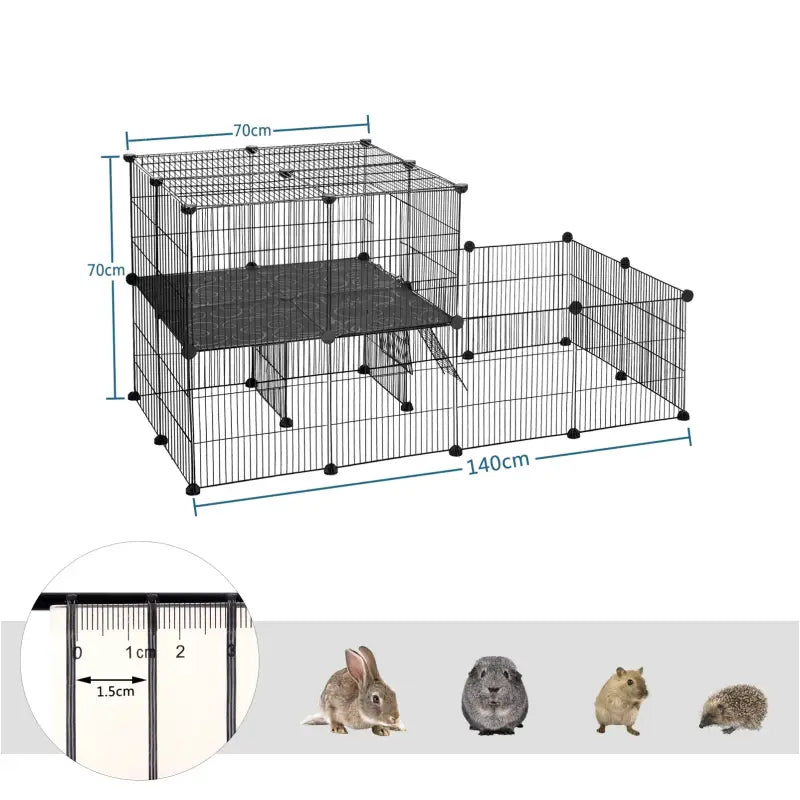 BukkitBow modulaire knaagdierenren met 2 lagen en montagehamer, geschikt voor cavia's, hamsters en konijnen, 70x70x140 cm.