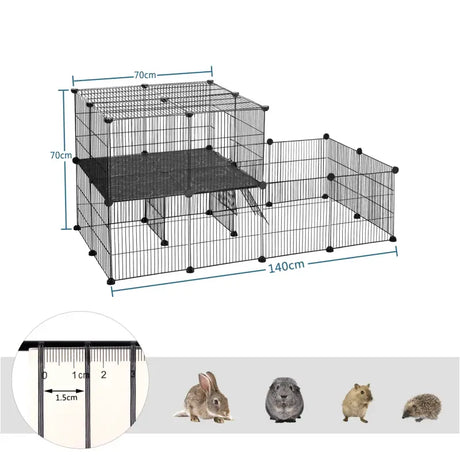 BukkitBow modulaire knaagdierenren met twee lagen en montagehamer, geschikt voor cavia's, hamsters en konijnen, 70x70x140cm