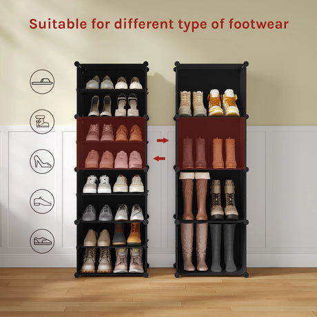 Modulaire zwarte schoenenkast van BukkitBow met 8 vakken voor 32 paar schoenen, ideaal voor organisatie en opslag.