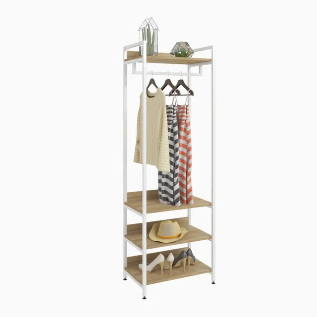 Multifunctioneel BukkitBow kledingrek van staal en MDF met kledingrail, 56x36x170cm, max 20 kg per plank, geschikt voor kleding opbergen