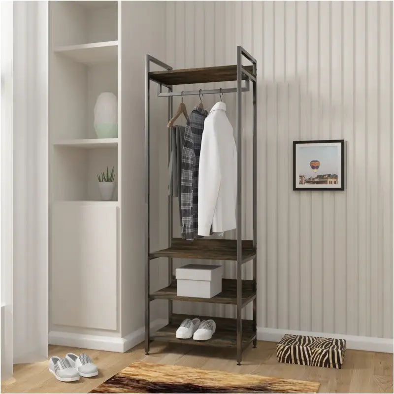 Multifunctioneel BukkitBow kledingrek van staal en MDF met kledingrail, afmetingen 56x36x170cm, tot 20 kg per plank.