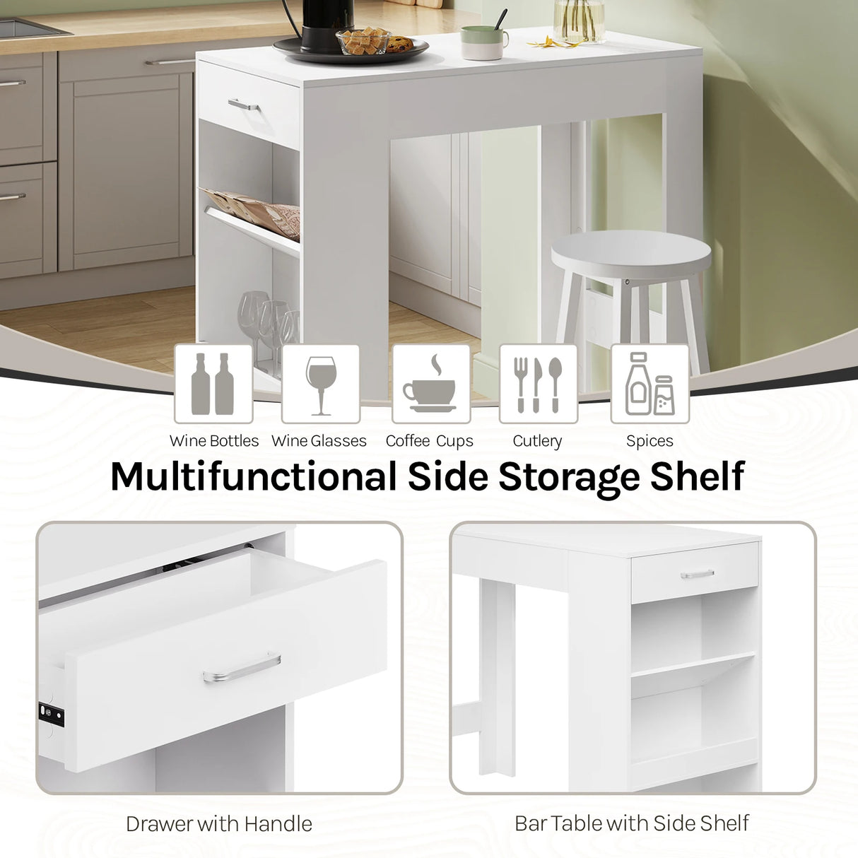 Multifunctionele BukkitBow bartafel met wijnrek en lade, modern design, geschikt voor thuis of horeca, in een stijlvolle setting