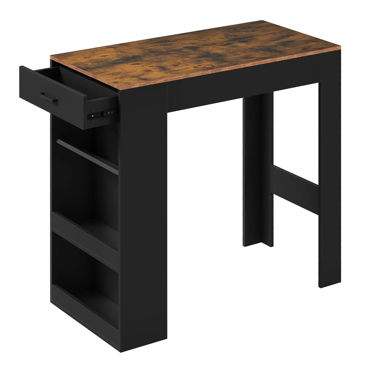 Multifunctionele BukkitBow bartafel met wijnrek, lade en modern design, geschikt voor woonkamer of barruimte.
