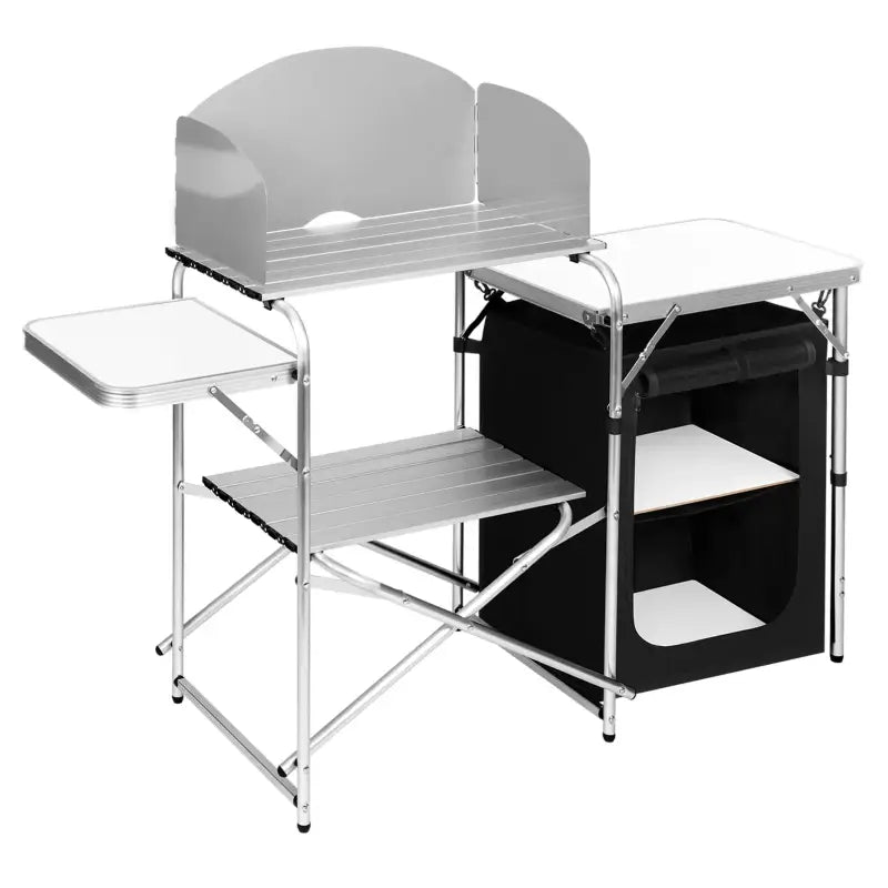BukkitBow campingtafel van roestvrij staal met MDF en Oxford doek, 147x40x111cm, inclusief opbergtas en draagvermogen van 60kg.