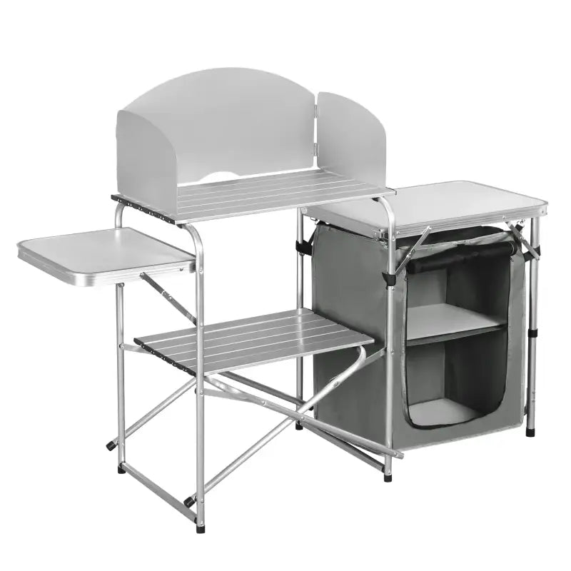 BukkitBow multifunctionele campingkeuken tafel van roestvrij staal en MDF met Oxford doek, inclusief opbergtas, afmetingen 147x40x111cm.