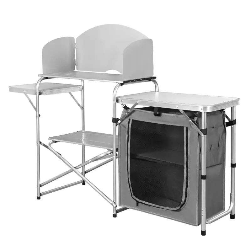 BukkitBow multifunctionele campingtafel van roestvrij staal met MDF en Oxford-doek, inclusief opbergtas, 147x40x111cm.