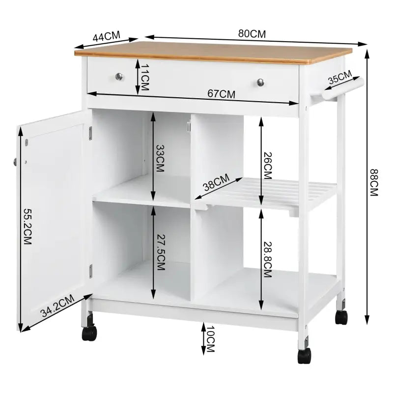 BukkitBow multifunctionele keukentrolley met bamboe werkblad, ruime opslag en 360° zwenkwielen, afmetingen 75x89x44cm