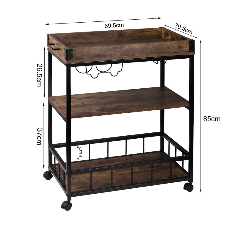 BukkitBow multifunctionele keukentrolley met wijnrek en glas houder, MDF en metalen frame, afmeting 69,5x39,5x85cm.
