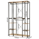 Multifunctioneel kledingrek van BukkitBow met 4 kledingrails, stalen frame en eikenhouten planken, 120x40x201cm, max 30 kg per plank.