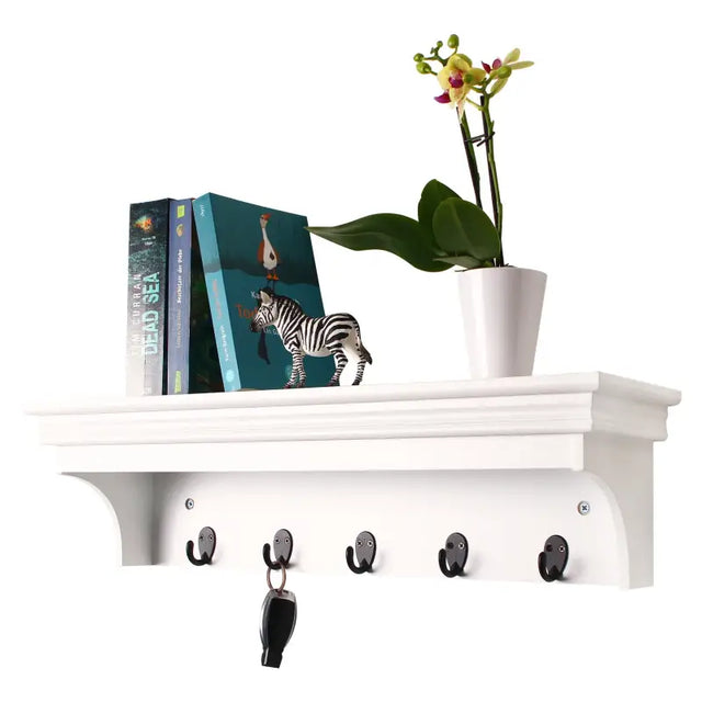 BukkitBow muurkapstok van mat wit MDF hout met barok design en 5 haken, afmetingen 60x16x16 cm, stijlvolle opbergruimte