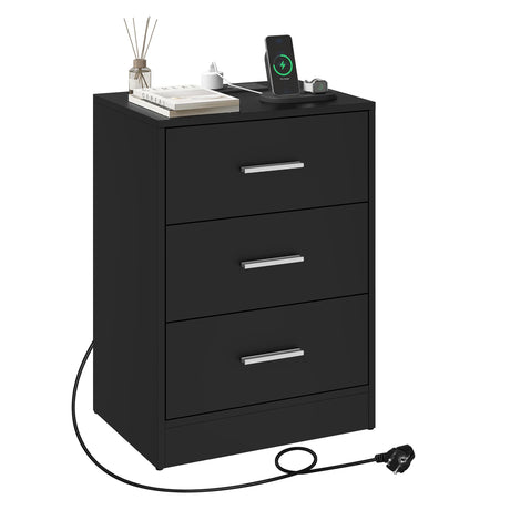 Houten BukkitBow nachtkastje met drie laden en USB-oplaadstation, modern design voor slaapkamer of woonkamer.