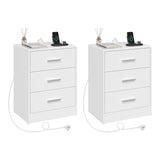 Houten BukkitBow nachtkastje met 3 laden en USB oplaadstation, modern design geschikt voor slaapkamer.