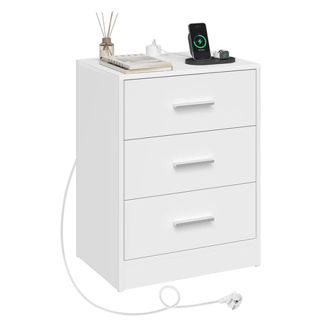 Hout Nachtkastje van BukkitBow met 3 laden en USB oplaadstation, modern design voor slaapkamer.