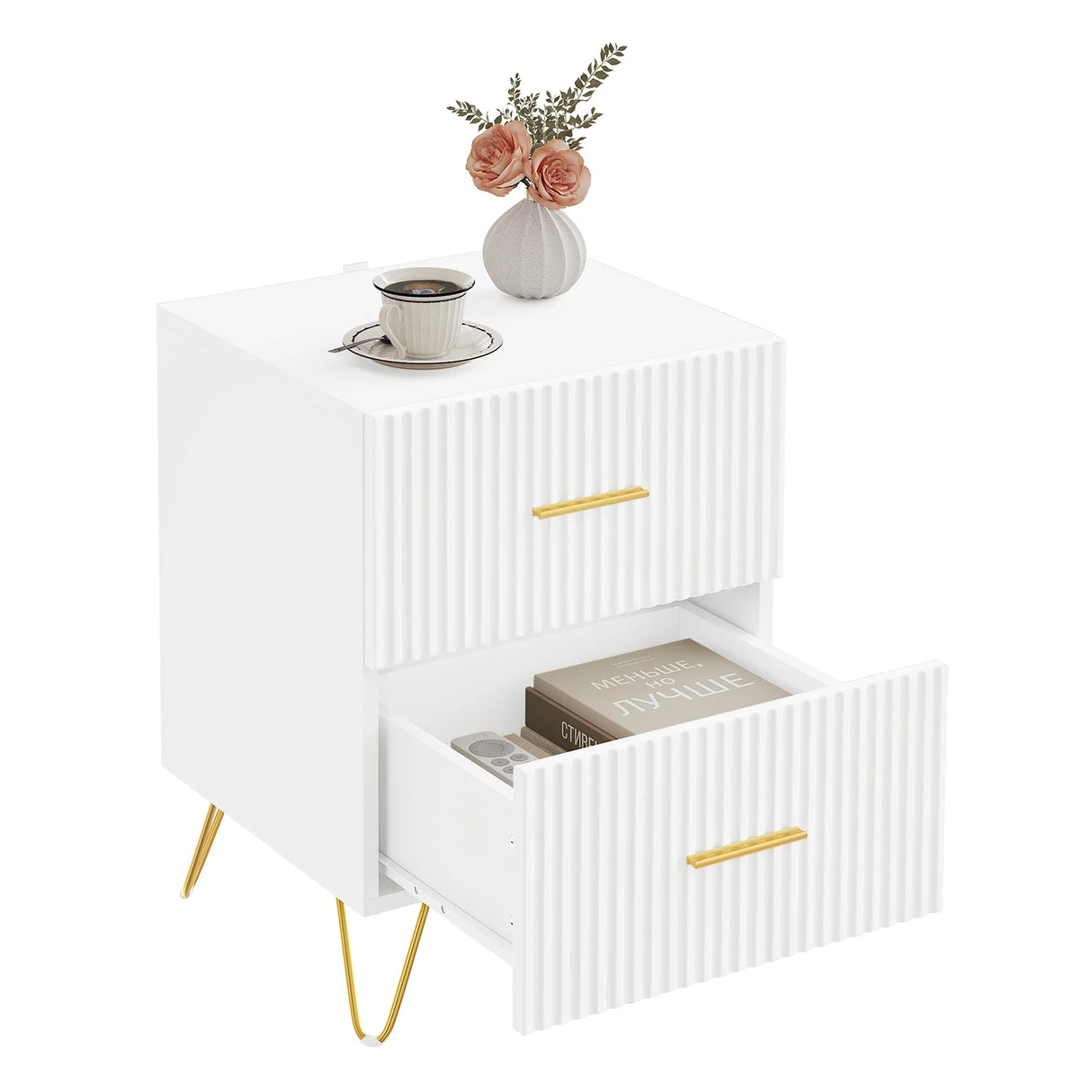 BukkitBow nachtkastje van MDF en hout met 2 lades, bijzetkastje voor slaapkamer, modern en functioneel ontwerp