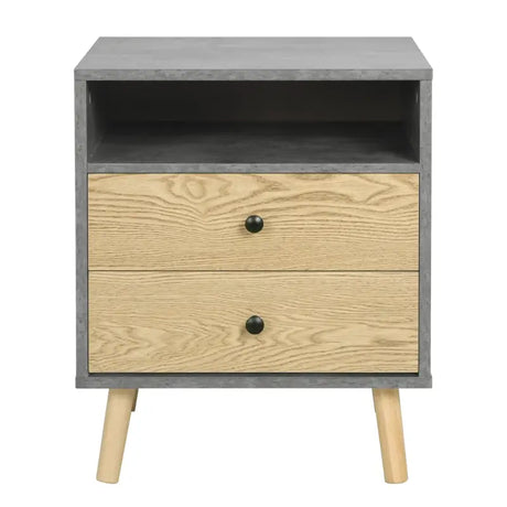 BukkitBow nachtkastje met 2 laden, grijs en licht eikenhout, afmetingen 45x56x40cm, maximale belasting 30kg, modern meubel