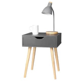 BukkitBow nachtkastje met lade, wit of grijs, van MDF en massief hout, afmetingen 40x40x50cm, max belasting 5kg.