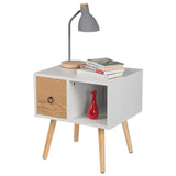 BukkitBow nachtkastje met lade van MDF en massief hout, in wit of grijs met eikenhout, 48x40x50cm, maximale belasting 5kg.