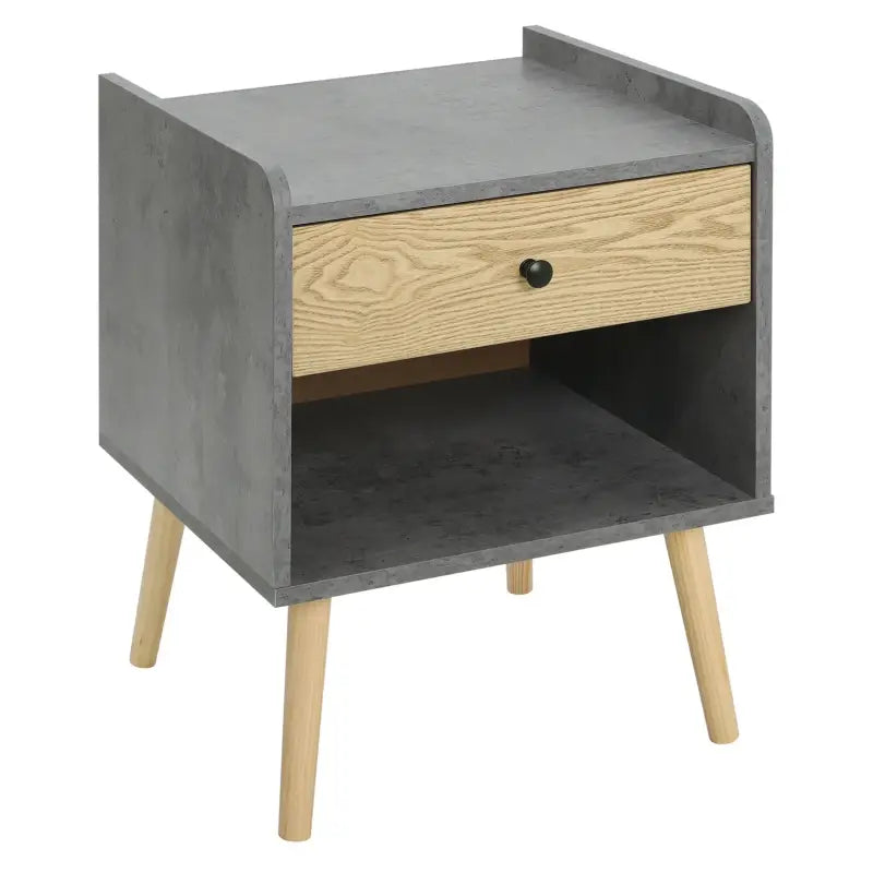 BukkitBow nachtkastje met lade, grijs met licht eikenhout, stevig hout, massieve poten, afmetingen 44x55,7x41cm, max 30kg draagkracht.