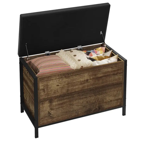 BukkitBow opbergrek met geïntegreerd zitkussen, vintage houtlook, stevig en duurzaam, veiligheidsscharnieren, afmetingen 82x42x54 cm