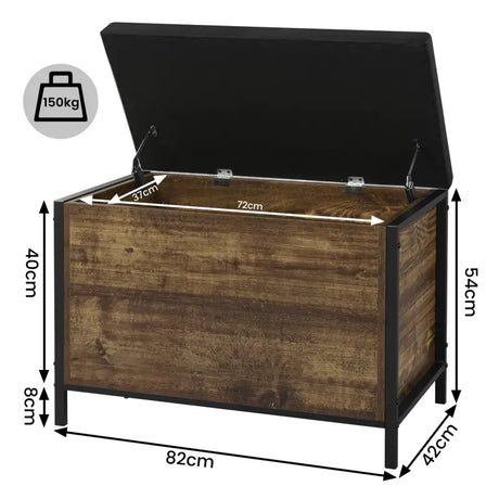 BukkitBow opbergrek met zitkussen, vintage houten uitstraling, stevige constructie, verborgen opbergruimte en veiligheidsscharnieren.