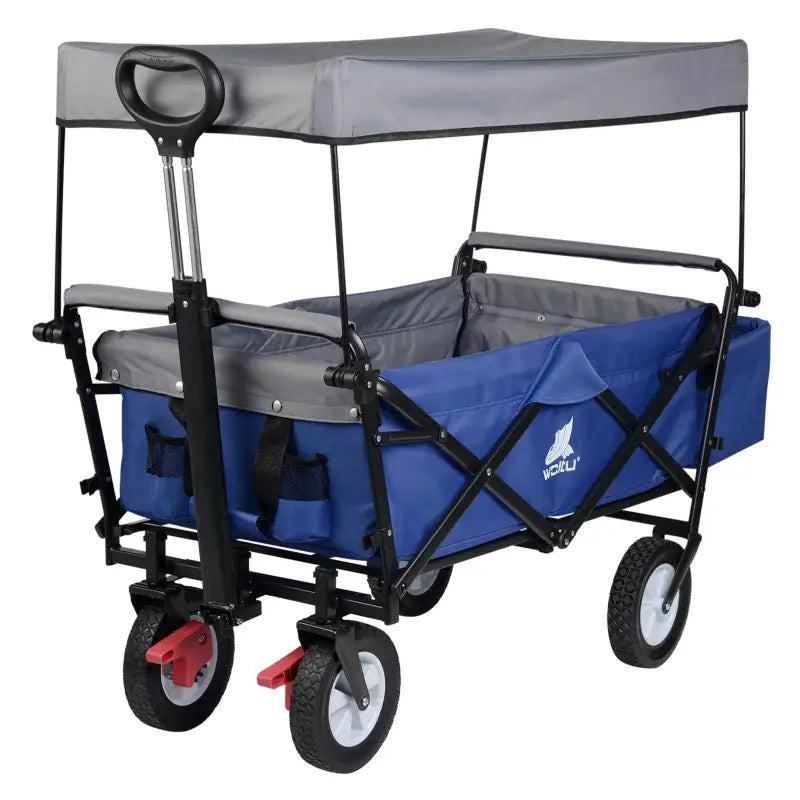 BukkitBow opvouwbare bolderkar met dak, stalen frame en massieve rubberen wielen, geschikt voor tot 80 kg belasting.