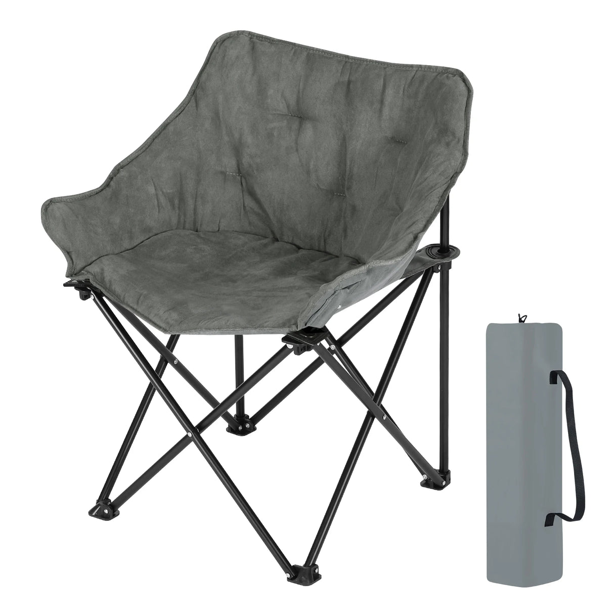 Lichte, opvouwbare BukkitBow campingstoel met draagtas, stevig frame en gevoerde zitting voor comfortabel kamperen