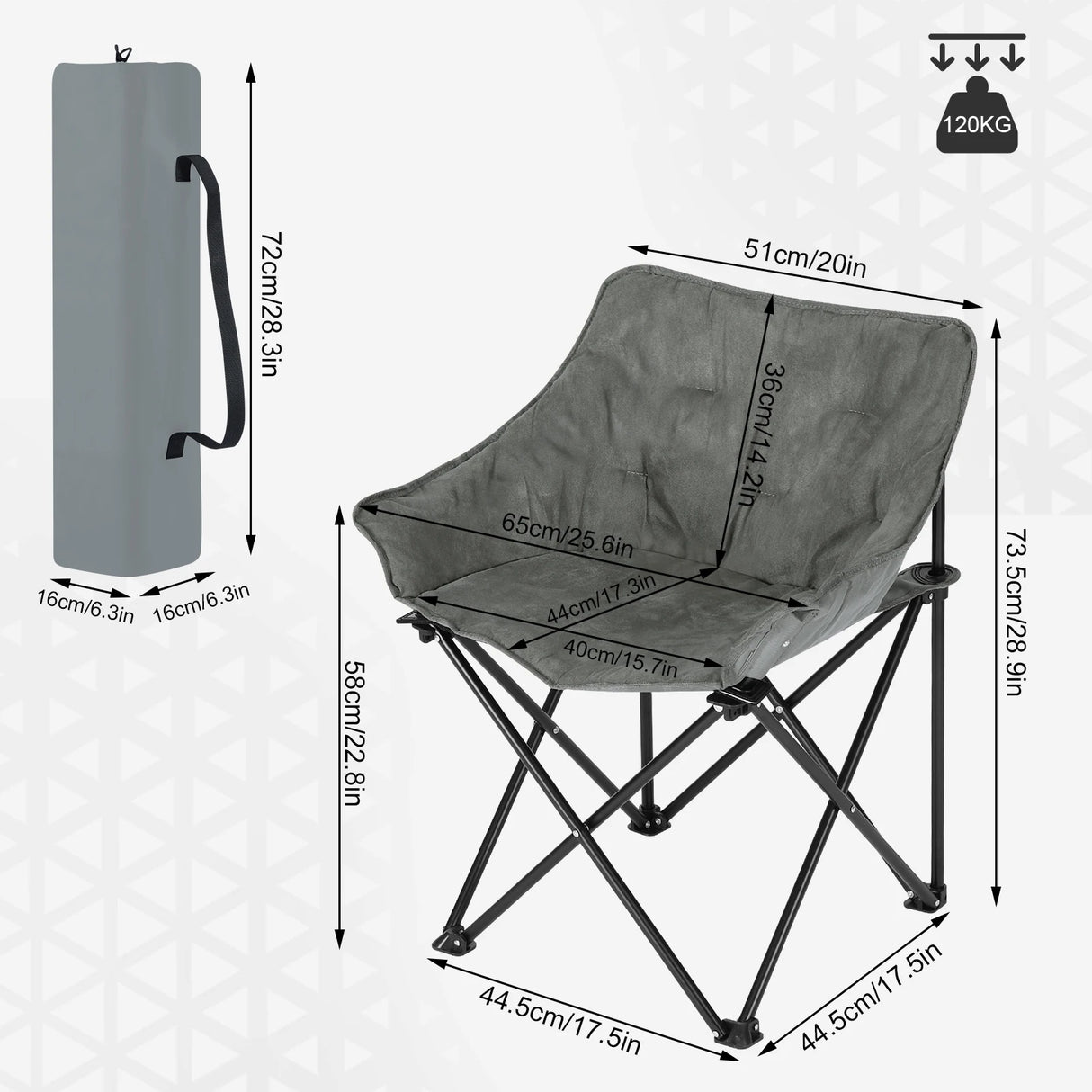 Lichtgewicht BukkitBow opvouwbare campingstoel met draagtas, inklapbaar design en comfortabele zitplek voor outdoor gebruik.