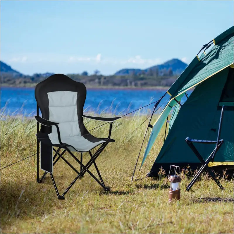 BukkitBow opvouwbare campingstoel met oxford doek, bekerhouder, zijvak, ijzeren frame en maximale belasting van 150 kg.