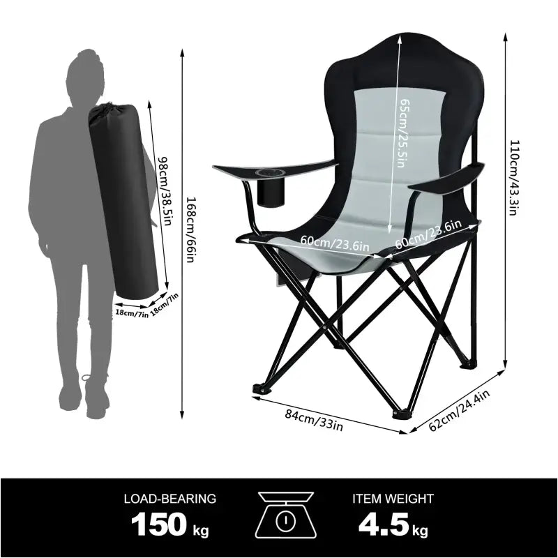BukkitBow opvouwbare campingstoel met oxford doek, ijzeren frame, bekerhouder en zijvak, comfortabel en ruimtebesparend.
