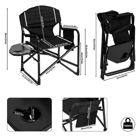BukkitBow opvouwbare campingstoel met versterkt aluminium, Oxford stof, 150 kg draagvermogen, inclusief tafeltje en bekerhouder.
