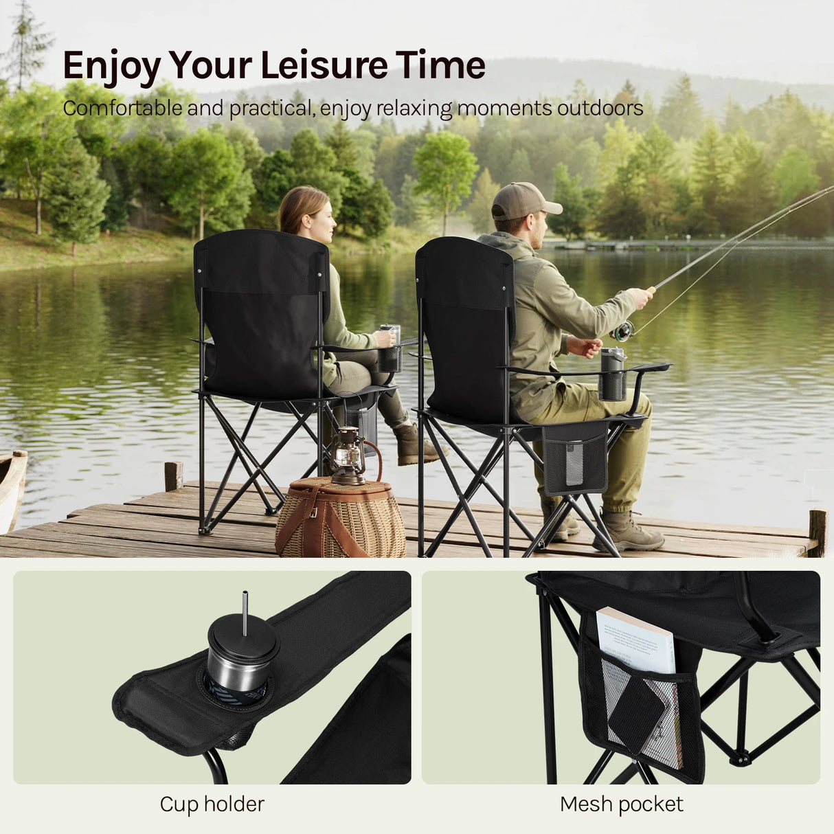 Set van 2 BukkitBow opvouwbare campingstoelen met hoge rugleuning, lichte en comfortabele outdoor zitplaatsen