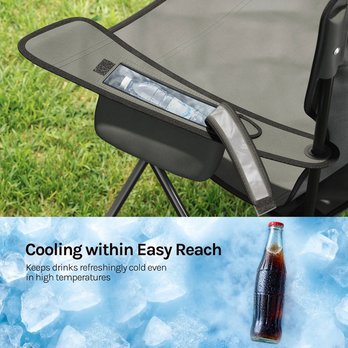 Twee opvouwbare BukkitBow campingstoelen met hoge rugleuning, lichtgewicht en draagbaar, ideaal voor kamperen en outdoor gebruik.