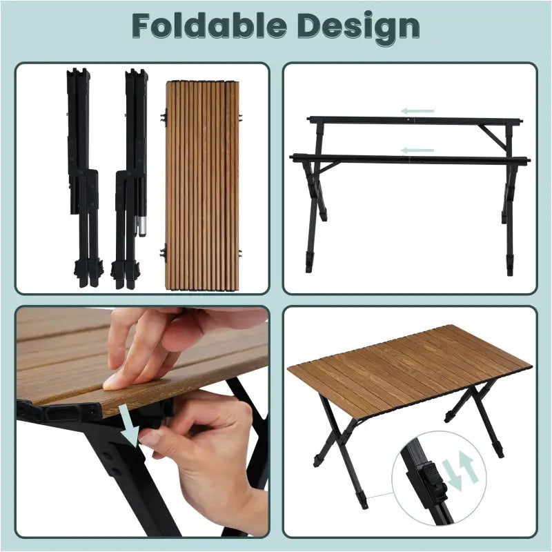 BukkitBow opvouwbare campingtafel met aluminium en kunststof, verstelbare hoogte, houtlook, tot 50 kg draagvermogen.