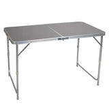 BukkitBow opvouwbare campingtafel met aluminium frame, MDF blad, verstelbare hoogte en draagbaar handvat, 120x55-70x60cm.