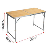 BukkitBow opvouwbare campingtafel met aluminium frame en MDF blad, verstelbare hoogte, draagbaar handvat, 120x55-70x60cm.