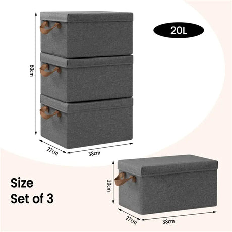 Set van 3 grijze opvouwbare BukkitBow opbergdozen van polyester en metaal, inclusief deksels en handvatten.