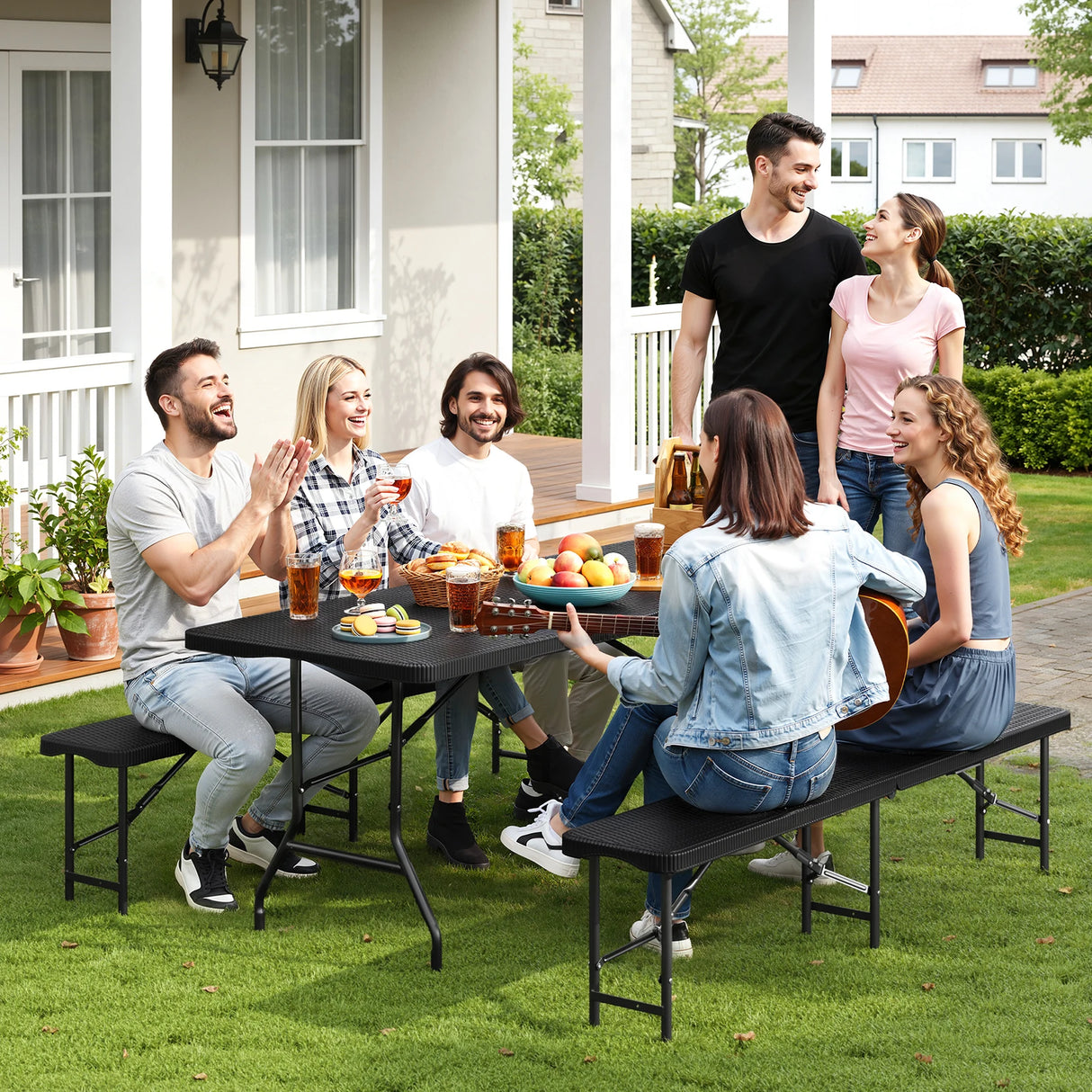BukkitBow opvouwbare picknickset 3-delig in rattan look, inclusief tafel en zitplaatsen, 180cm lang, voor buitengebruik