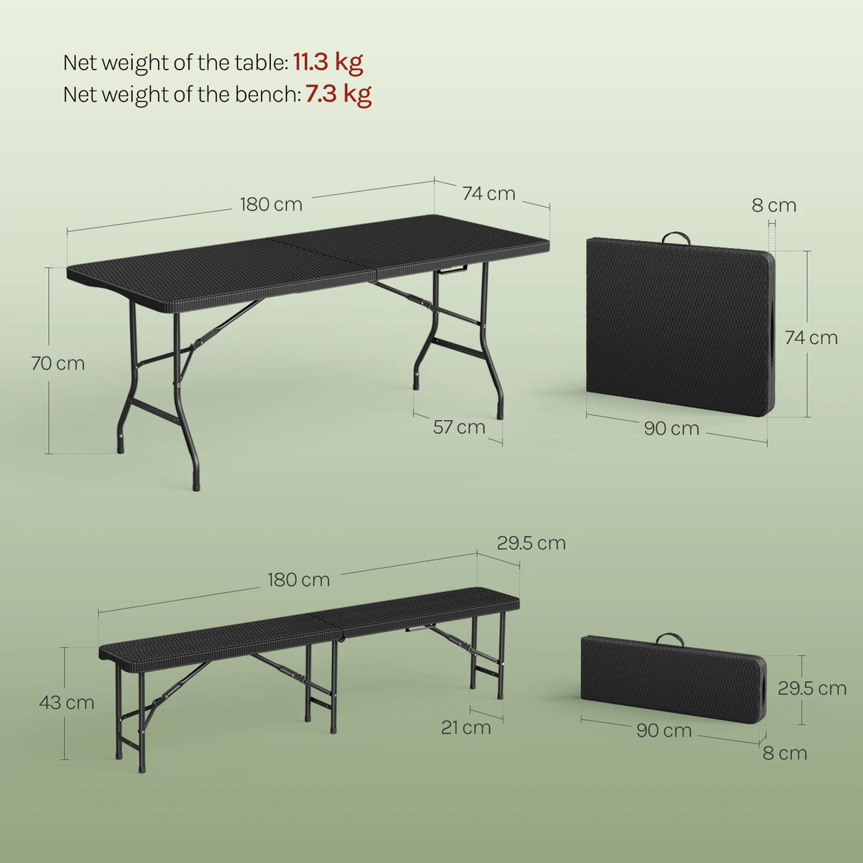 BukkitBow opvouwbare picknickset 3-delig in rattan look, inclusief tafel en stoelen, 180 cm lang, geschikt voor buitengebruik