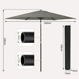 Donkergrijze parasol van 240 cm breed en 226 cm hoog met maatlijnen voor paaldelen en draagtas