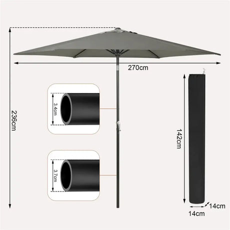 BukkitBow zeshoekige UV-bestendige strandparasol met handgreep, 45° buigbaar en geschikt voor buitengebruik.
