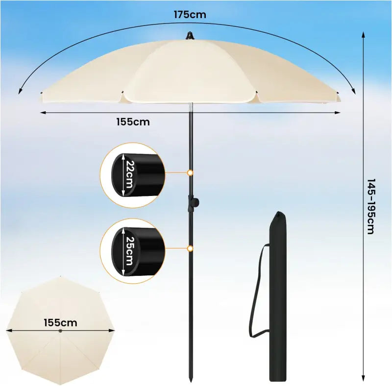 Ronde BukkitBow strandparasol, UV-bestendig, hoogte verstelbaar en 45° buigbaar, ideaal voor zonwering op het strand