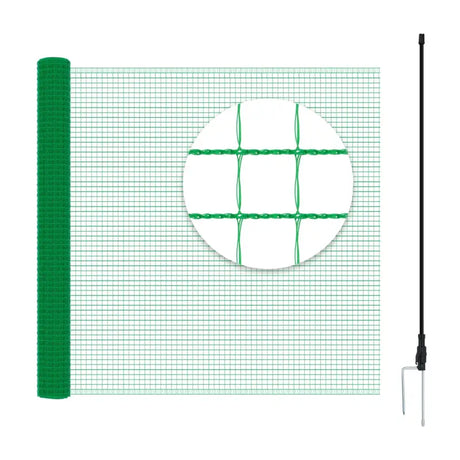 Groene BukkitBow tuinhek van 53 g/m² PE, pluimveenet en campinghek, geschikt voor tuin en afrastering, stevig en duurzaam.