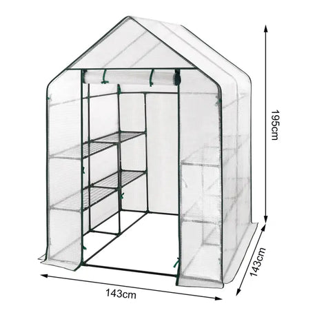 BukkitBow polytunnel tuinkas voor groenten, compact ontwerp met groot luik en drie bloemenplanken, 143x143x195 cm, winterproof.